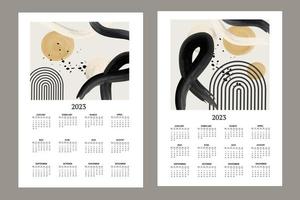 classic monthly calendar for 2023. Calendar with abstract shapes, black and white brushes, yellow and circles. vector