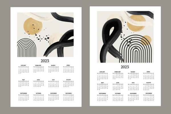 classic monthly calendar for 2023. Calendar with abstract shapes, black and white brushes, yellow and circles.
