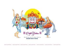 ilustración de lord jagannath, balabhadra y subhadra en el templo anual de rathayatra en carro con rueda, rath yatra vector