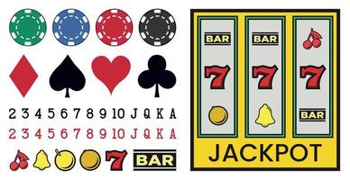 gran juego de casino con elementos de póquer, máquinas tragamonedas, dados sobre un fondo blanco - vector