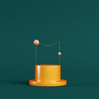 Yellow pedestal with spheres on dark green background. Minimalism concept photo