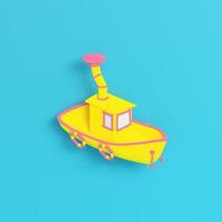 Yellow fishing boat on bright blue background in pastel colors photo