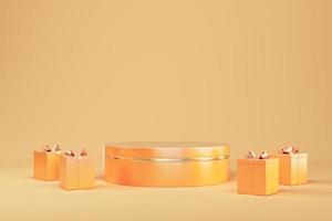 Abstract minimal background. Orange cylindrical pedestal with present boxes for product display photo
