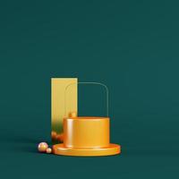 Yellow pedestal with rectangle and spheres circle frame on dark green background. Minimalism concept
