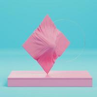 Pink abstract geometric forms on bright blue background in pastel colors. Minimalism concept. 3d render photo