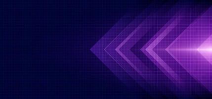Abstract blue and purple arrow glowing with lighting and line grid on blue background vector
