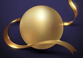 3D realistic elegant golden sphere ball with gold ribbon curly wave on purple background luxury style