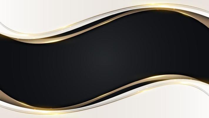 Elegant 3D abstract background white wave shape with gold ribbon and thread lines on black background.