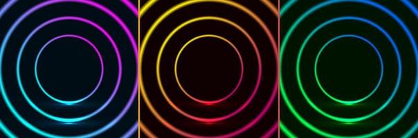Set of colorful glowing neon lighting circles frame design pattern retro style on dark background vector