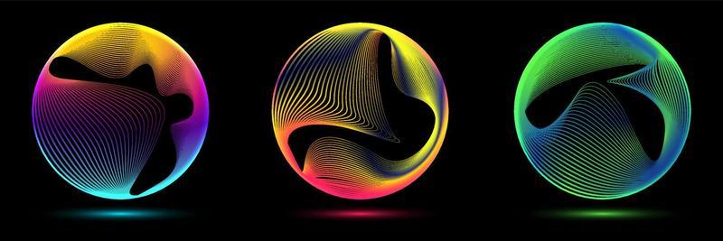 Set of glowing neon color circles round curve shape with wavy dynamic lines isolated on black background