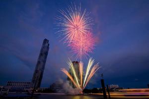 fireworks on the river in the blue sky background photo