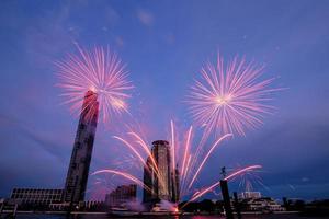 fireworks on the river in the blue sky background photo