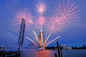 fireworks on the river in the blue sky background photo