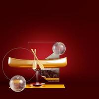 Yellow canoe with geometric frames and spheres on dark red background photo