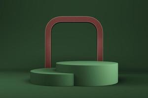 Abstract minimal background. Green cylindrical podium with arc shape for product display photo