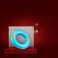 Blue swim ring with abstract geometric figures on dark red background photo