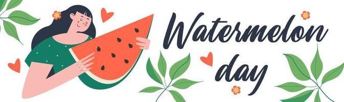 Watermelon Day. Festive fun vector banner. A set of cliparts on a white background.