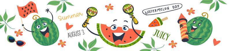 Watermelon Day. Festive fun vector banner. A set of cliparts on a white background.