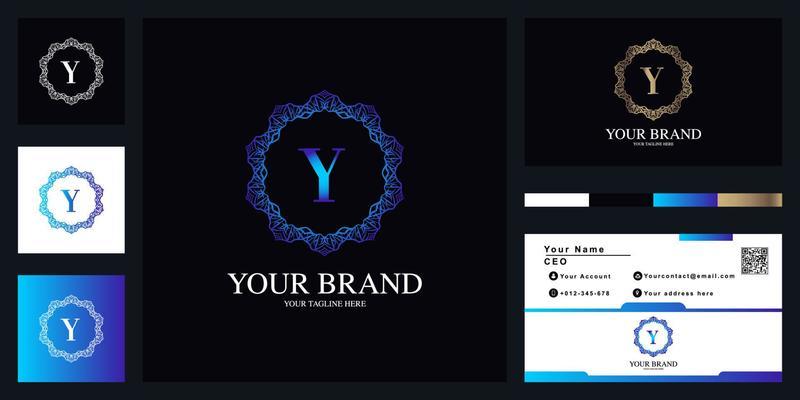 Letter Y luxury ornament flower frame logo template design with business card.