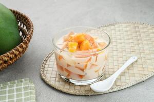 Mango Cheese Milk, a dessert made from jelly, nata de coco, basil seed, sweet mango, cream cheese and milk. photo