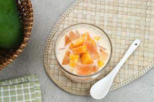 Mango Cheese Milk, a dessert made from jelly, nata de coco, basil seed, sweet mango, cream cheese and milk. photo