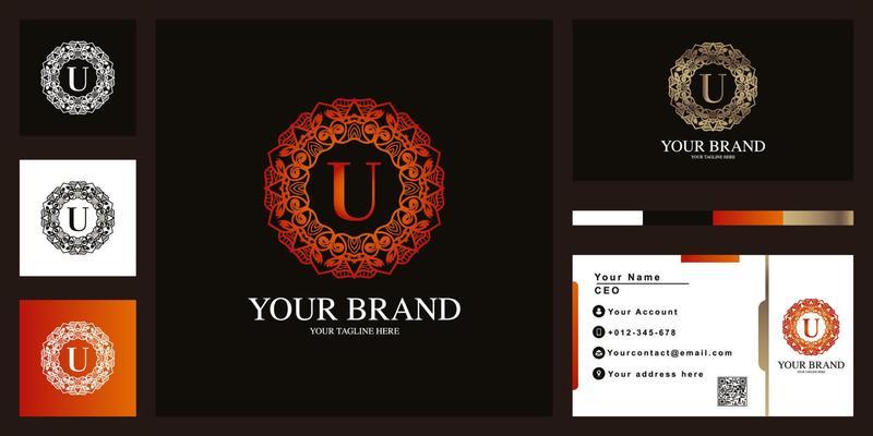 Letter U luxury ornament flower frame logo template design with business card.