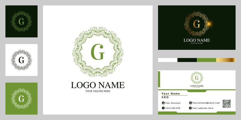 Letter G luxury ornament flower or mandala frame logo template design with business card.