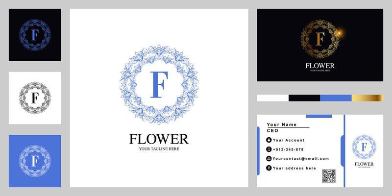 Letter F luxury ornament flower or mandala frame logo template design with business card.