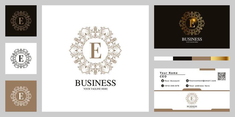Letter E ornament flower frame logo template design with business card.
