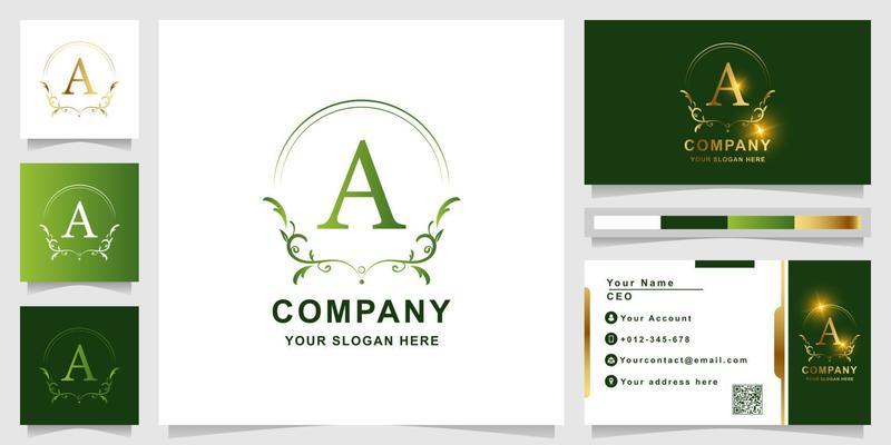 Letter A luxury ornament or floral frame logo template with business card design.