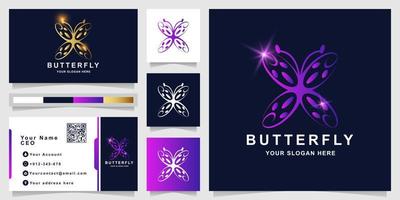 Minimalist elegant butterfly ornament logo template with business card design vector