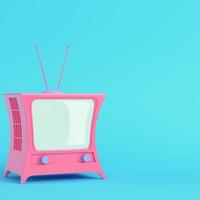 Pink cartoon styled tv on bright blue background in pastel colors