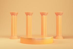 Abstract minimal background. Orange cylindrical pedestal with ancien columns for product display photo