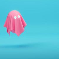 Pink cute ghost chsracter on bright blue background in pastel colors photo