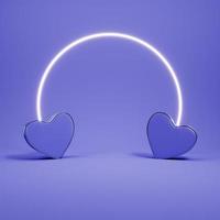 Two hearts with neon glowing frame on violet background photo