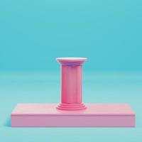 Pink rectangle podium with column on bright blue background in pastel colors. Minimalism concept. 3d render photo