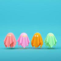 Colorful four cutet ghost characters on bright blue background in pastel colors. Minimalism concept photo