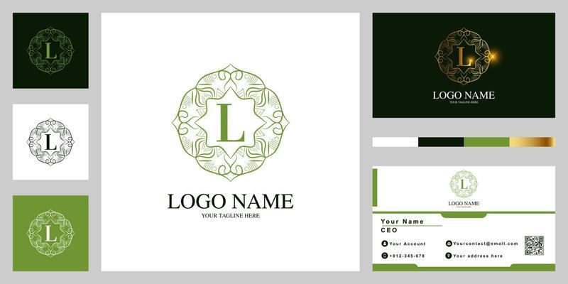 Letter L luxury ornament flower or mandala frame logo template design with business card.