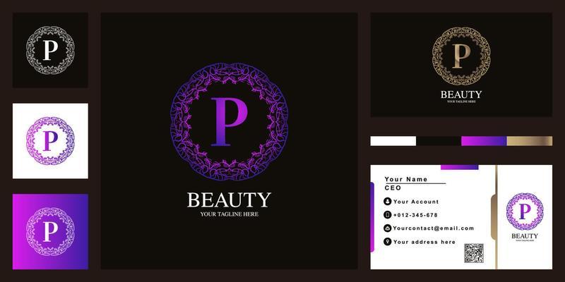 Letter P luxury ornament flower frame logo template design with business card.