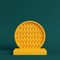 Yellow pedestal with circle frame on dark green background. Minimalism concept