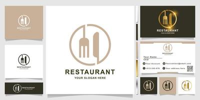 línea de cuchillo y tenedor o plantilla de logotipo de restaurante con diseño de tarjeta de visita vector