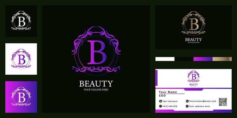 Letter B luxury ornament flower frame logo template design with business card.