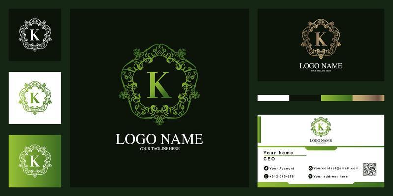 Letter K luxury ornament flower frame logo template design with business card.