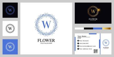 diseño de plantilla de logotipo de marco de mandala o flor de adorno de lujo de letra w con tarjeta de visita. vector