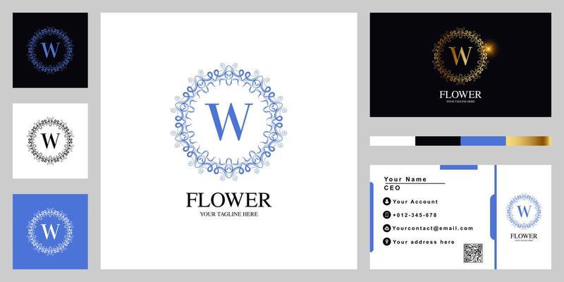 Letter W luxury ornament flower or mandala frame logo template design with business card.