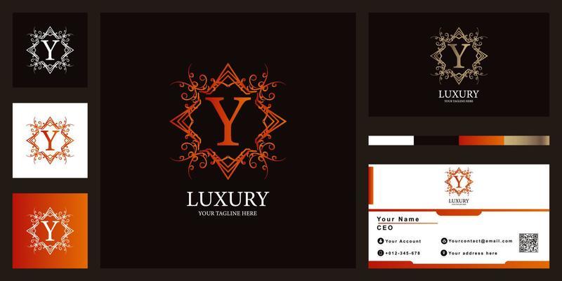 Letter Y luxury ornament or floral frame logo template with business card design.