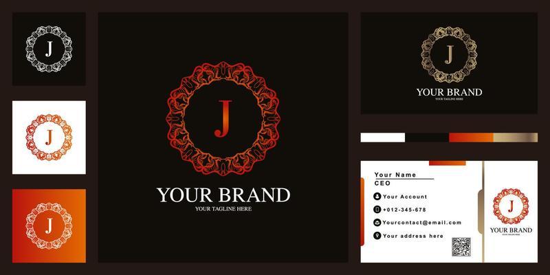 Letter J luxury ornament flower frame logo template design with business card.