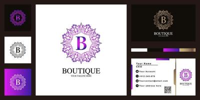 diseño de plantilla de logotipo de marco de flor de adorno de lujo de letra b con tarjeta de visita. vector