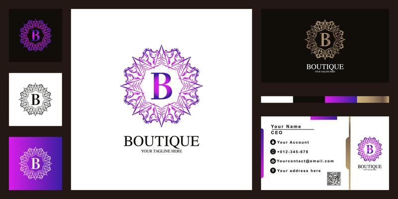 Letter B luxury ornament flower frame logo template design with business card.