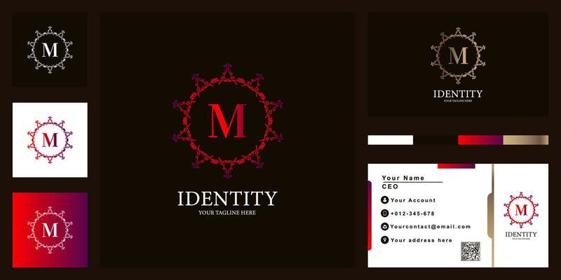 Letter M luxury ornament flower frame logo template design with business card.